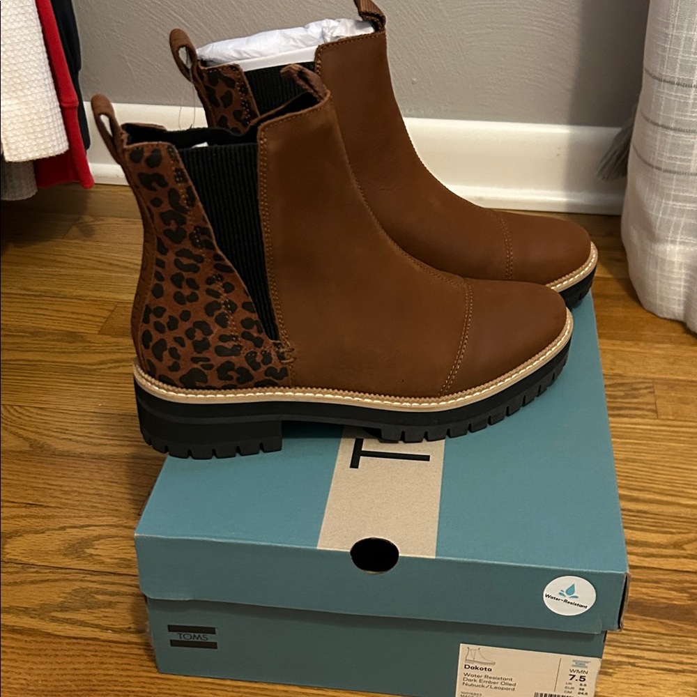 Toms Brown Ankle Boots with Leopard Accent